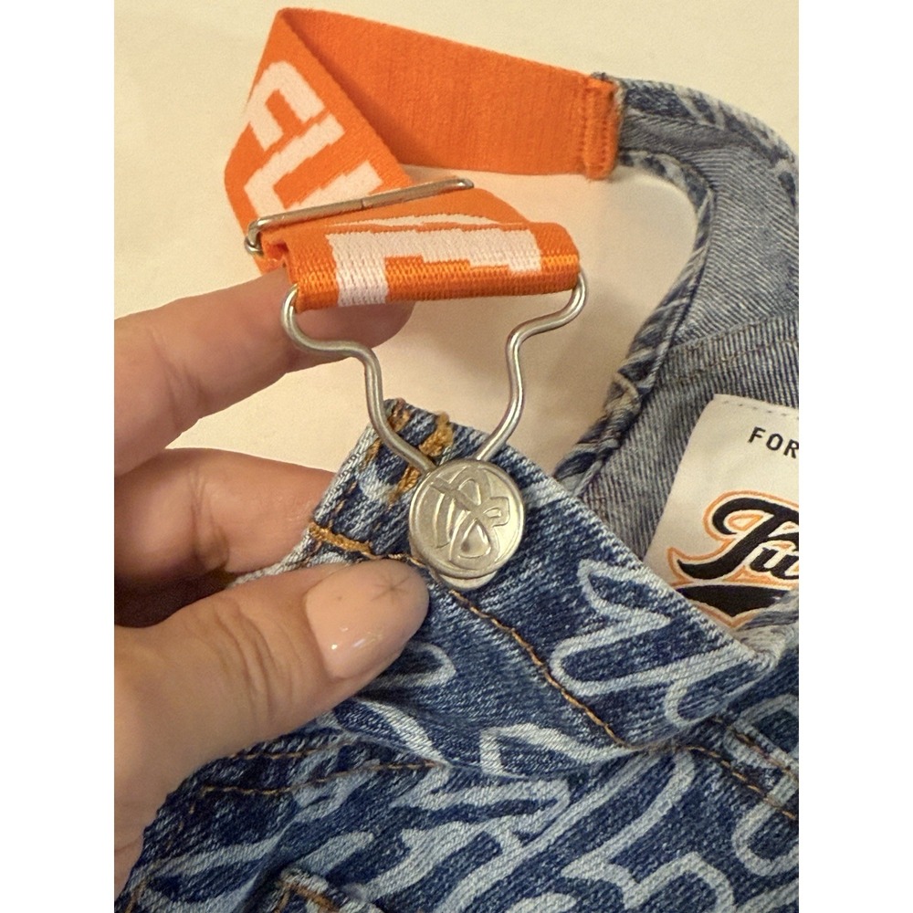 Fubu x Forever 21 Denim Overalls All Over Print 05 Orange Straps Y2K Women Sz S - Picture 11 of 16